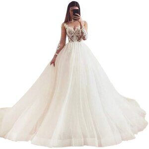 IS-NWT Elegant A-line Shiny Wedding Dresses Illusion Full Sleeves Lace Appliques